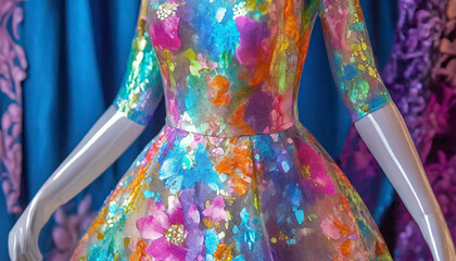 Brightly colored dress, floral, glossy, dance, colorful, silk, close-up