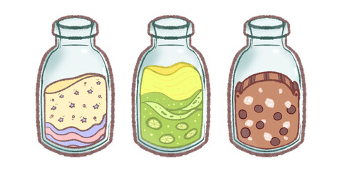 Fresh drinks with cute colorful design different tastes fresh lime chocolate boba.