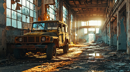 Fototapeta na wymiar Abandoned factory, Abandoned industrial building with old car.