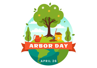 Happy Arbor Day Vector Illustration with Planting a Tree, Plant, Garden Tools and Nature Environment in Flat Kids Cartoon Background