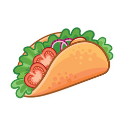 Taco on a white background. Fast food in cartoon style. Traditional Mexican food.