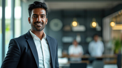 Fototapeta premium Portrait of a handsome smiling asian indian businessman boss standing in his modern business company office.