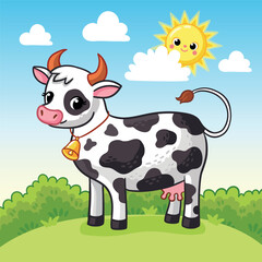 Cow is standing on a green summer meadow and the sun is peeking. Farm animal. Vector illustration in cartoon style on the theme of farm and agriculture. - 710335219