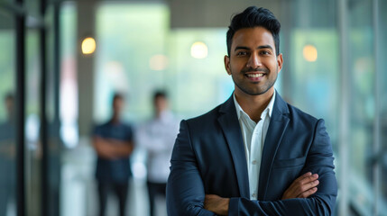 Naklejka premium Portrait of a handsome smiling asian indian businessman boss standing in his modern business company office.