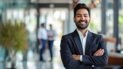 Naklejka premium Portrait of a handsome smiling asian indian businessman boss standing in his modern business company office.