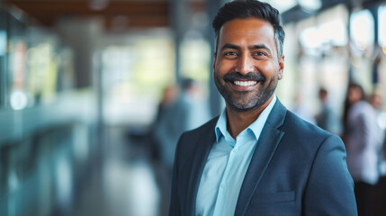 Fototapeta premium Portrait of a handsome smiling asian indian businessman boss standing in his modern business company office.