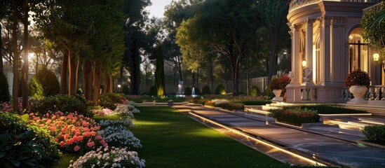 Naklejka premium Evening garden in mansion with flowerbed, lawn, marble walkway, and warm lighting.