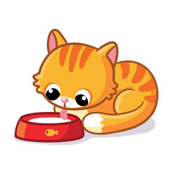 Cute funny cat drinking milk. Vector illustration with pet.