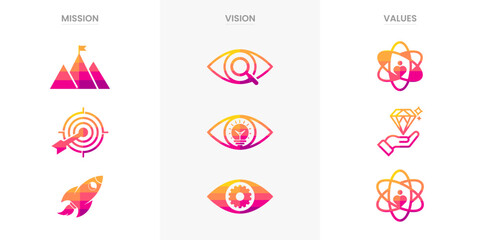 Mission vision values infographic banner icon set company goal infographic design vector. Infographic icon design banner