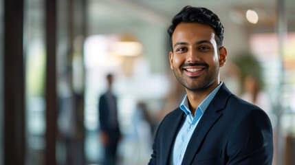 Fototapeta premium Portrait of a handsome smiling asian indian businessman boss standing in his modern business company office.