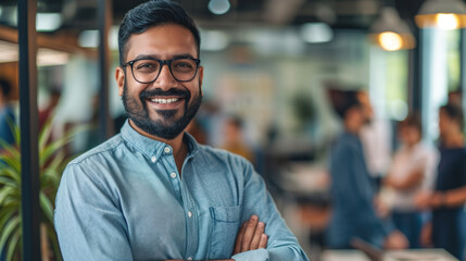 Fototapeta premium Portrait of a handsome smiling asian indian businessman boss standing in his modern business company office.