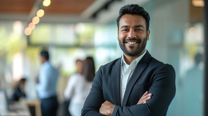 Fototapeta premium Portrait of a handsome smiling asian indian businessman boss standing in his modern business company office.