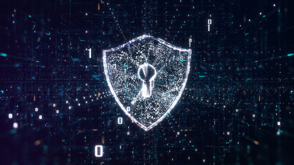 cybersecurity concept. A glowing digital shield with a keyhole, symbolizing cybersecurity, amidst binary code in a dark blue, matrix-like setting. - 710335601