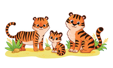 Cute family of tigers stands on a green meadow on a white background. Cute wild animals in cartoon style. A tiger cub with his mom and dad.