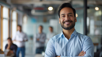 Obraz premium Portrait of a handsome smiling asian indian businessman boss standing in his modern business company office.