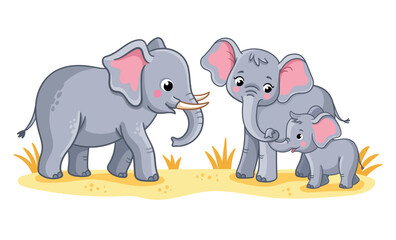 Cute elephant family on a white background. Vector illustration with cute. A baby elephant stands with its parents.