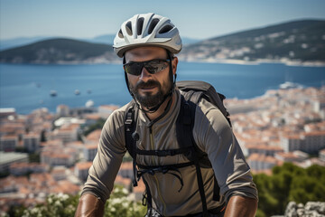 Man in bike helmet and sunglasses admiring the stunning sea and mountain landscapes