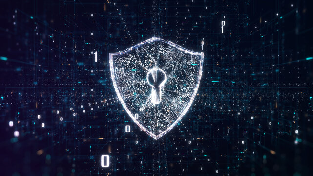 cybersecurity concept. A glowing digital shield with a keyhole, symbolizing cybersecurity, amidst binary code in a dark blue, matrix-like setting.
