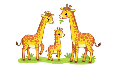 Cute family of giraffes stands on a green meadow on a white background. Cute African animals in cartoon style. A baby Giraffe stands with its parents.