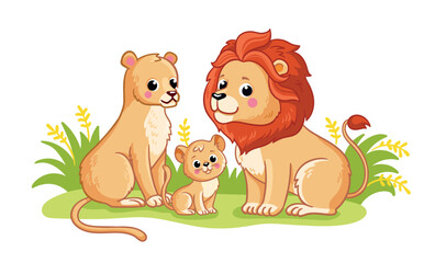 Cute family of lions stands on a green meadow on a white background. Cute African animals in cartoon style. A lion cub with his mom and dad.