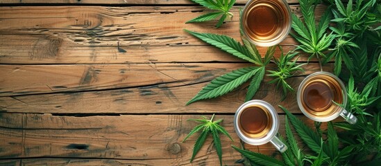 Top view of cannabis herbal tea, marijuana leaves, and hemp tea with hemp leaves on wooden desk. - obrazy, fototapety, plakaty