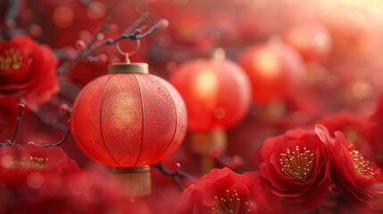Several lanterns hanging from a cherry blossom tree with red flowers. Background image for Chinese New Year celebrations.