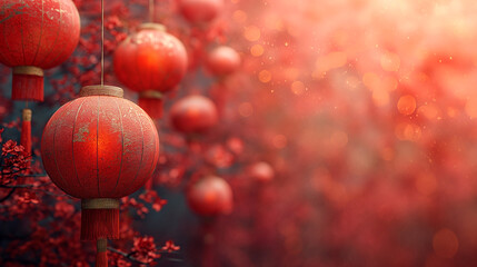 Fototapeta premium Several lanterns hanging from a cherry blossom tree with red flowers. Background image for Chinese New Year celebrations.