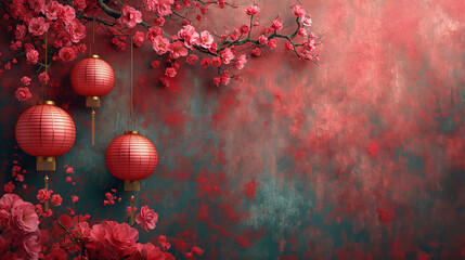 Several lanterns hanging from a cherry blossom tree with red flowers. Background image for Chinese New Year celebrations. - Powered by Adobe