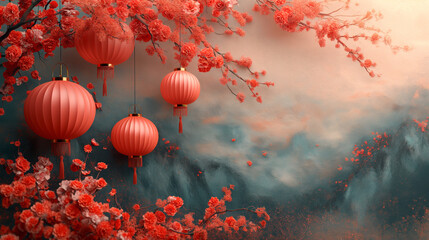 Several lanterns hanging from a cherry blossom tree with red flowers. Background image for Chinese New Year celebrations.
