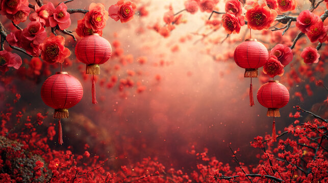 Several lanterns hanging from a cherry blossom tree with red flowers. Background image for Chinese New Year celebrations.