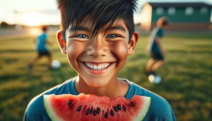 Native American boy eating watermelon and playing soccer, boys need to eat healthy food and play sports outside that can contribute to good health. - obrazy, fototapety, plakaty
