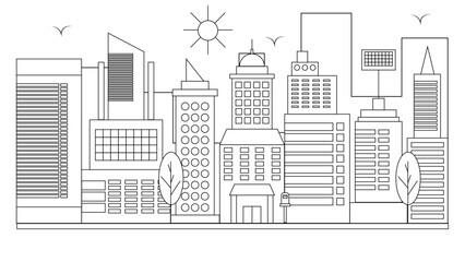 Black and white vector outline landmarks skyline with buildings city background. Vector line art outline cityscape concept