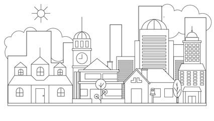 Black and white city building outline illustration background. Vector line art outline cityscape concept