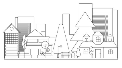 Black and white vector building modern city black background. Vector line art outline cityscape concept