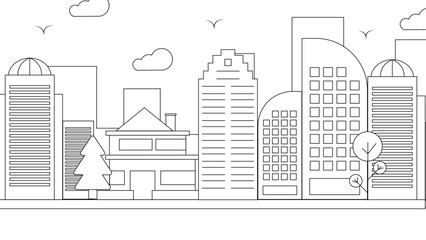 Black and white vector building modern city black background. Vector line art outline cityscape concept