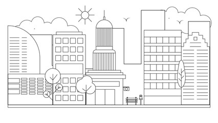 Black and white vector modern skyline buildings background impressive architecture with outline style. Vector line art outline cityscape concept
