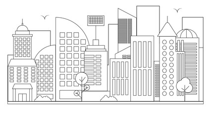Black and white city building line art vector icon design illustration template background. Vector line art outline cityscape concept