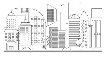 Black and white vector outline landmarks skyline with buildings city background. Vector line art outline cityscape concept