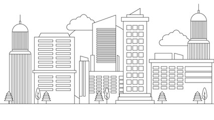 Black and white vector city line with building in outline style background