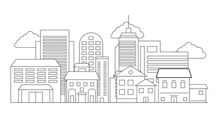 Naklejka premium Black and white vector modern city landscape buildings and architecture real estate silhouette vector background City landscape line urban skyline with cloud, building, cityscape hand sketch, flat