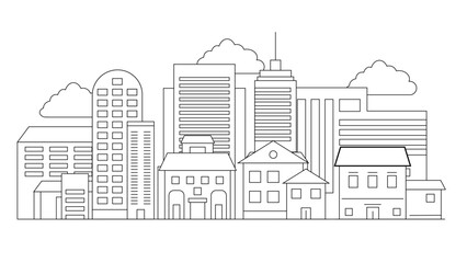 Black and white city building line art vector icon design illustration template background City landscape line urban skyline with cloud, building, cityscape hand sketch, flat houses