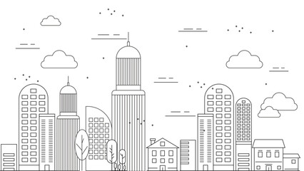 Naklejka premium Black and white vector building modern city black background