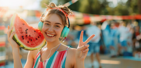 Summer Vibes: A cheerful young woman enjoys a sunny day at a festival, holding a slice of watermelon and making a peace sign