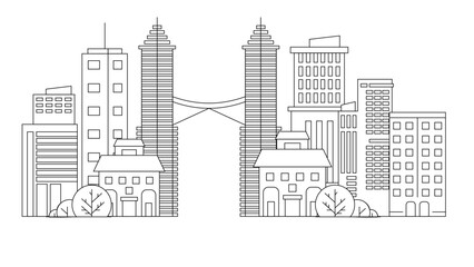 Black and white vector outline cityscape on white background, modern city skyline, city silhouette, vector illustration in flat design City landscape line urban skyline with cloud, building, cityscape