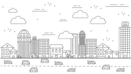 Obraz premium Black and white vector city line with building in outline style background