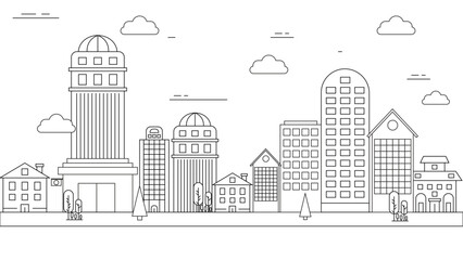 Fototapeta premium Black and white vector outline cityscape on white background, modern city skyline, city silhouette, vector illustration in flat design