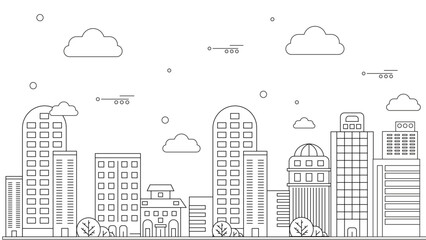 Black and white vector outline landmarks skyline with buildings city background