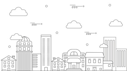 Black and white vector outline cityscape on white background, modern city skyline, city silhouette, vector illustration in flat design