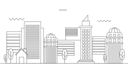 Black and white vector outline landmarks skyline with buildings city background
