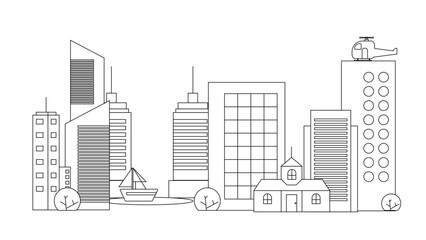 Fototapeta premium Black and white vector city line with building in outline style background